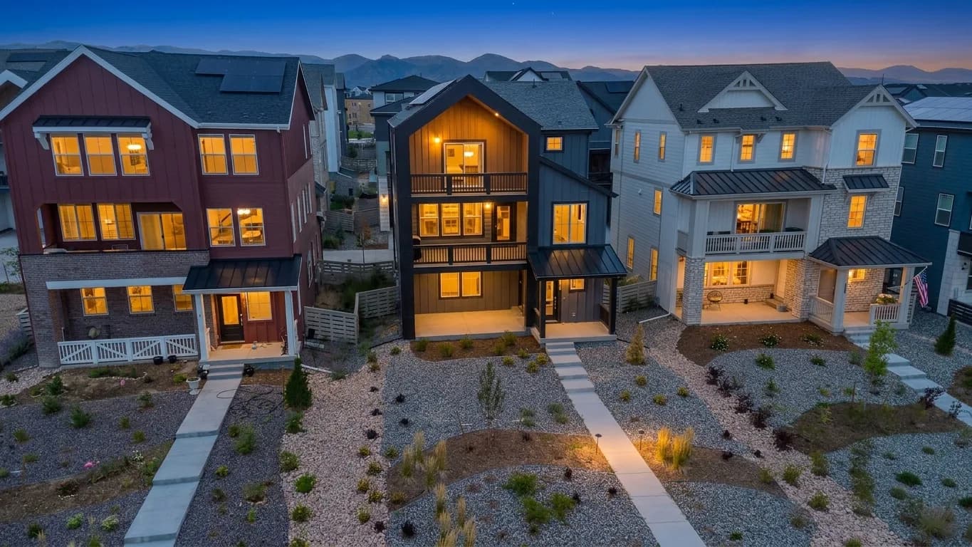 Aerial drone view of a neighborhood at twilight with mountain backdrop