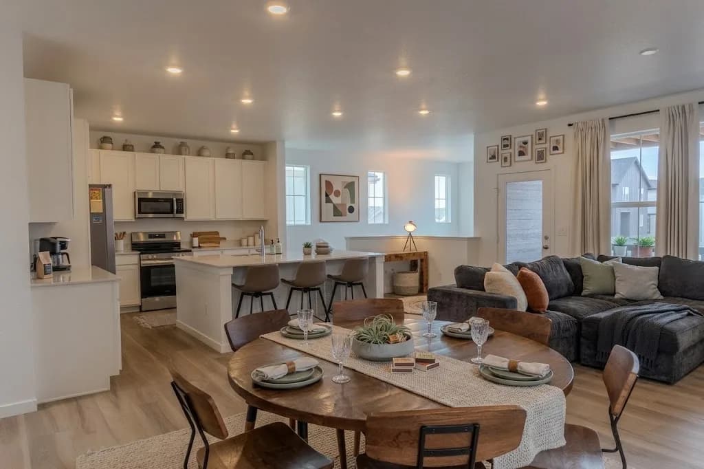 Open-concept kitchen, dining, and living area in a Littleton, CO home