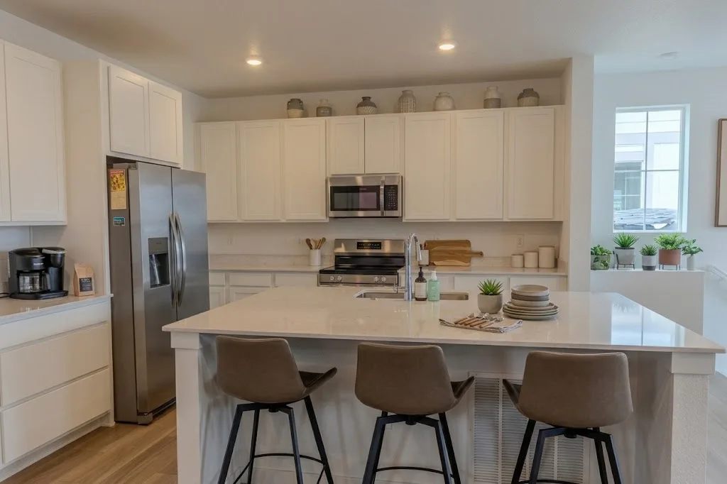 Kitchen with quartz island and stainless appliances