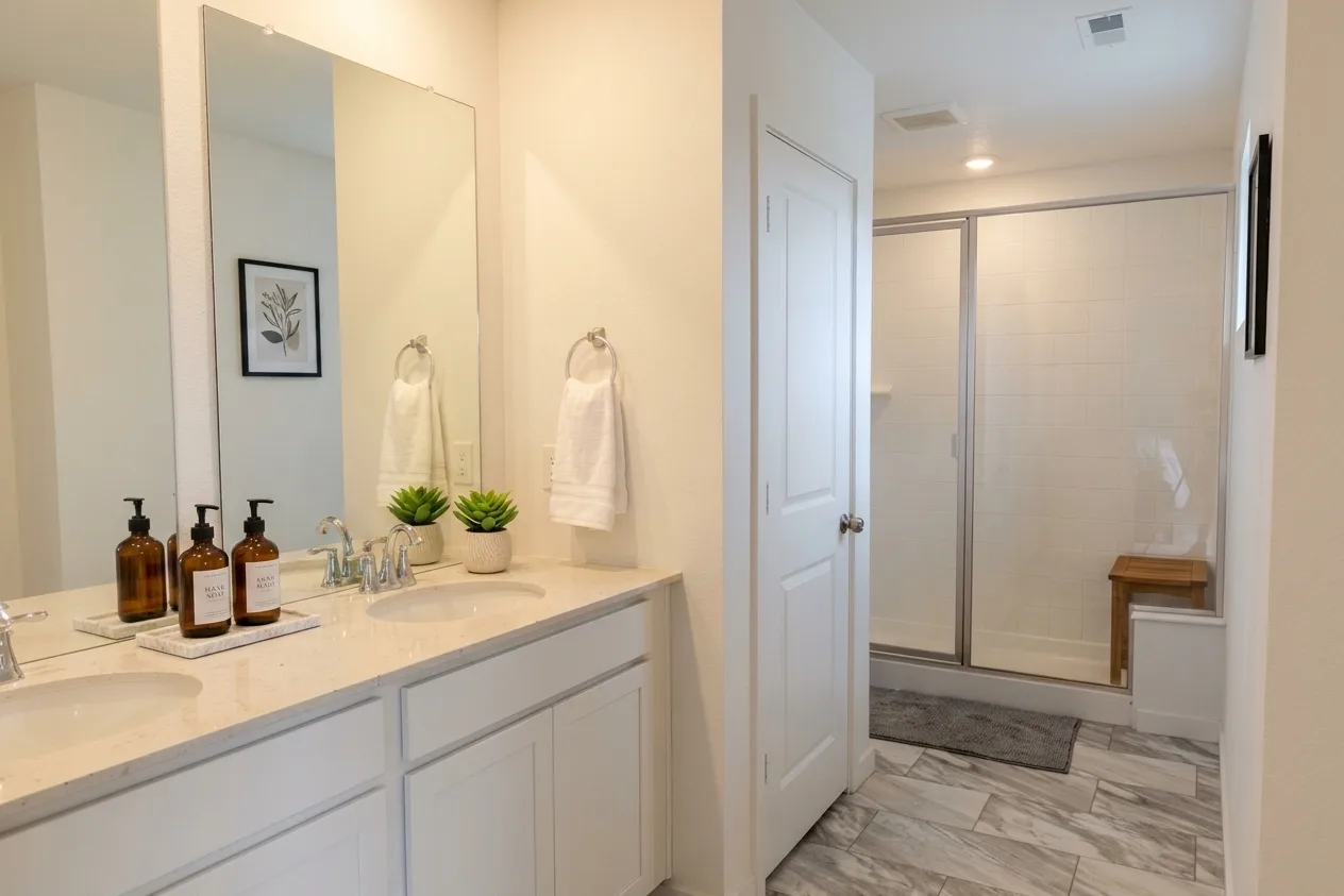 Staged primary bathroom with dual vanity and glass shower