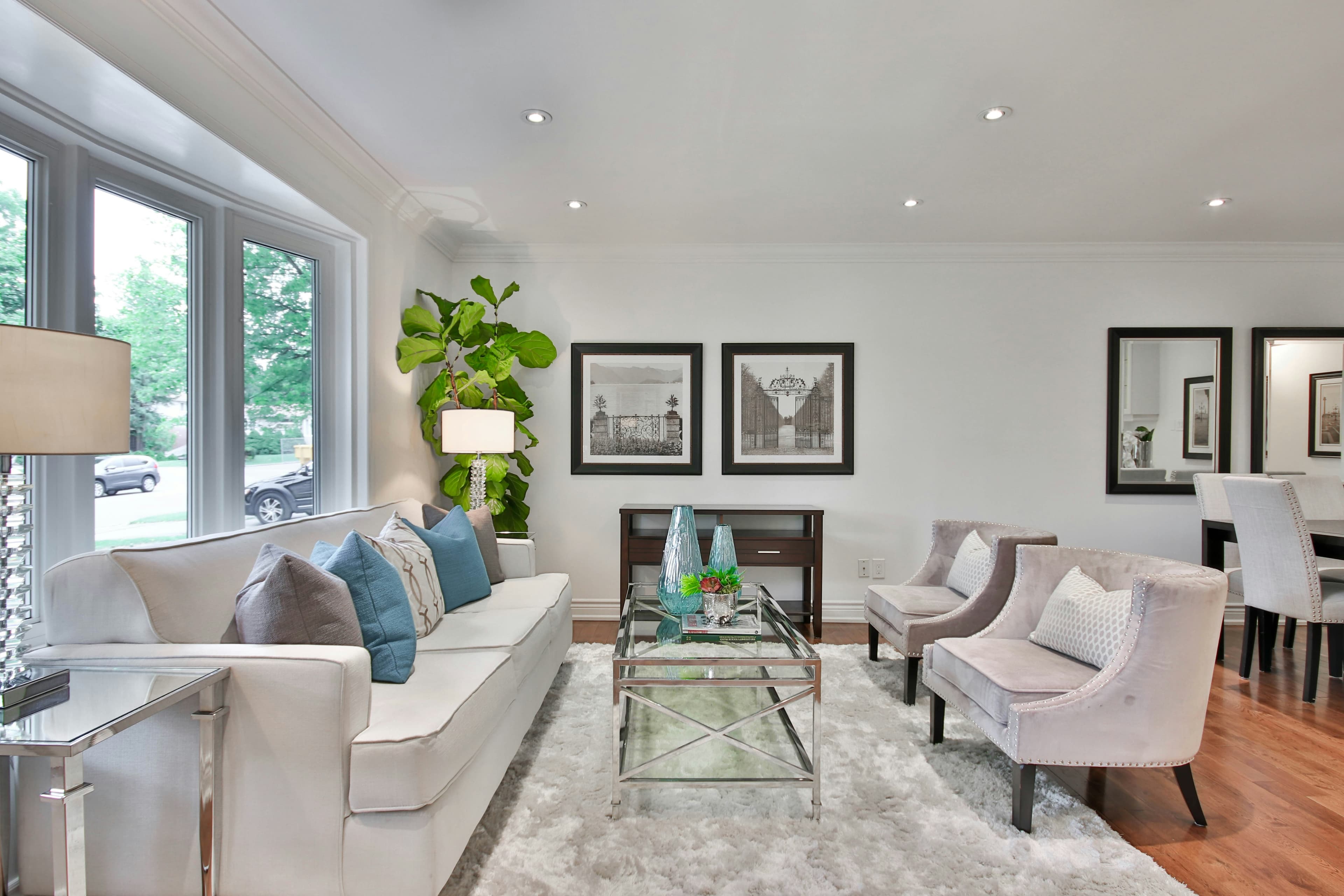 Elegant living room with white and blue palette
