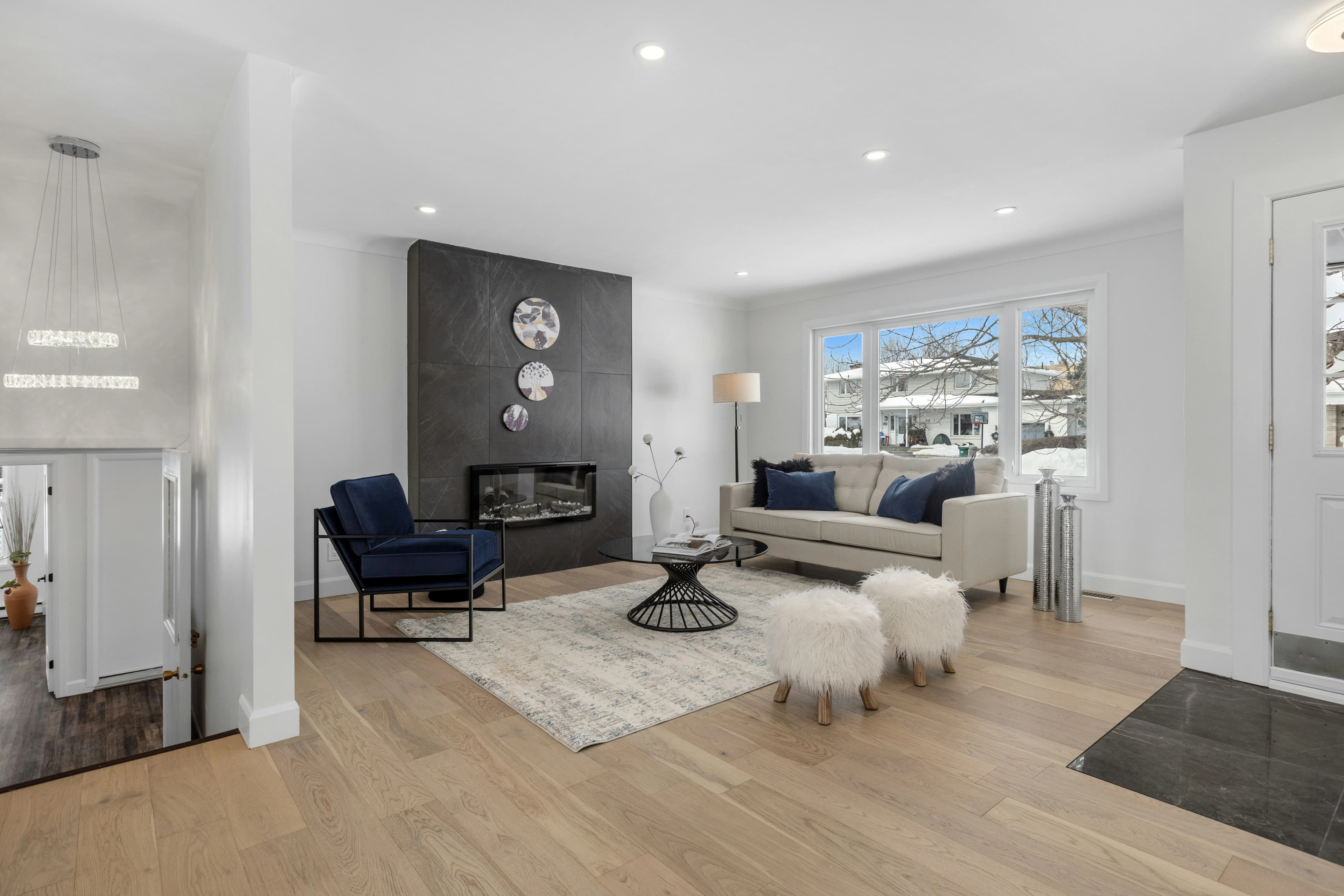Modern living room with slate fireplace